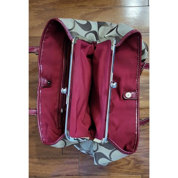 Y2K Coach Signature Stripe Framed Carryall Tote Satchel F17424 Red Stripe - Picture 5 of 16